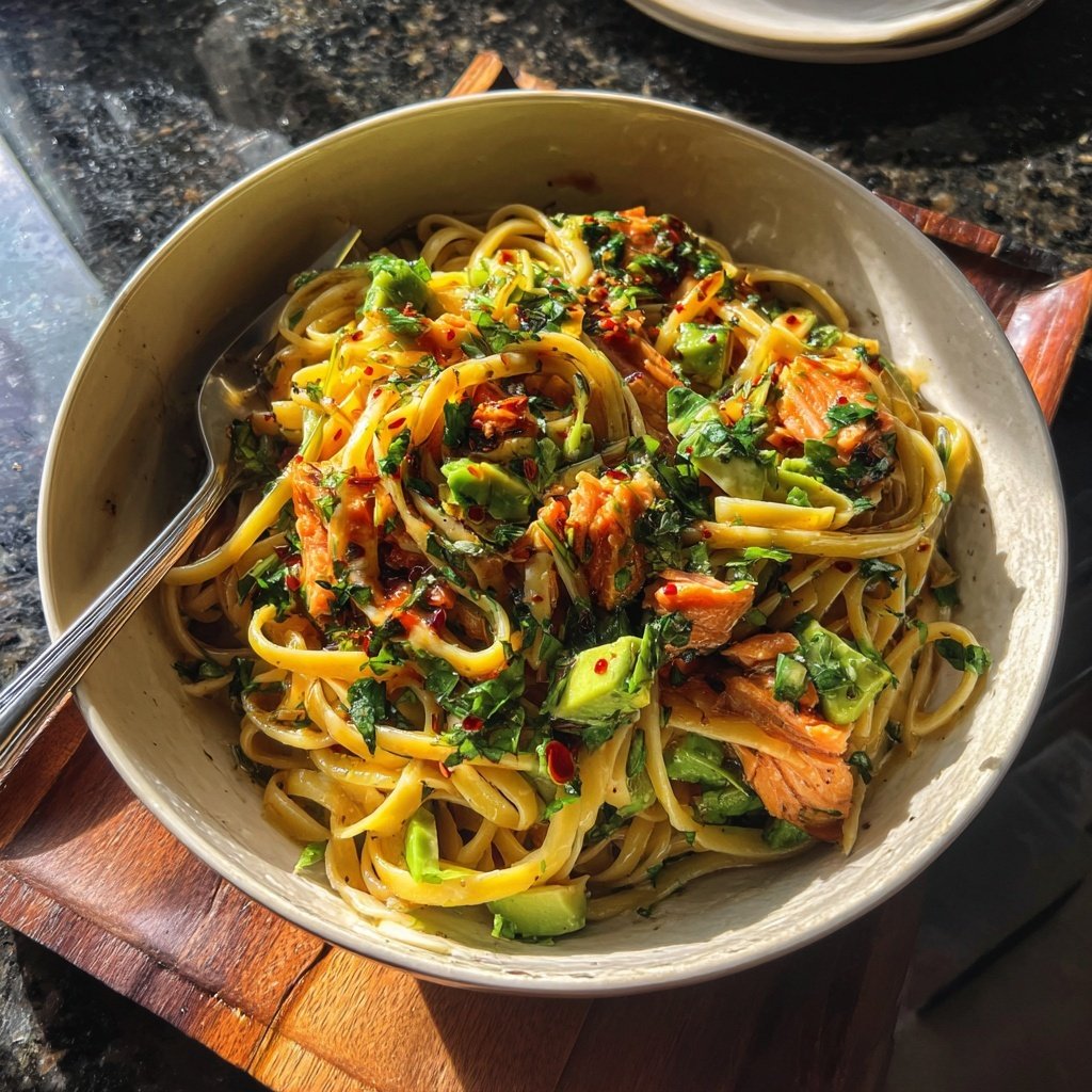 Spicy Salmon Linguine with Avocado