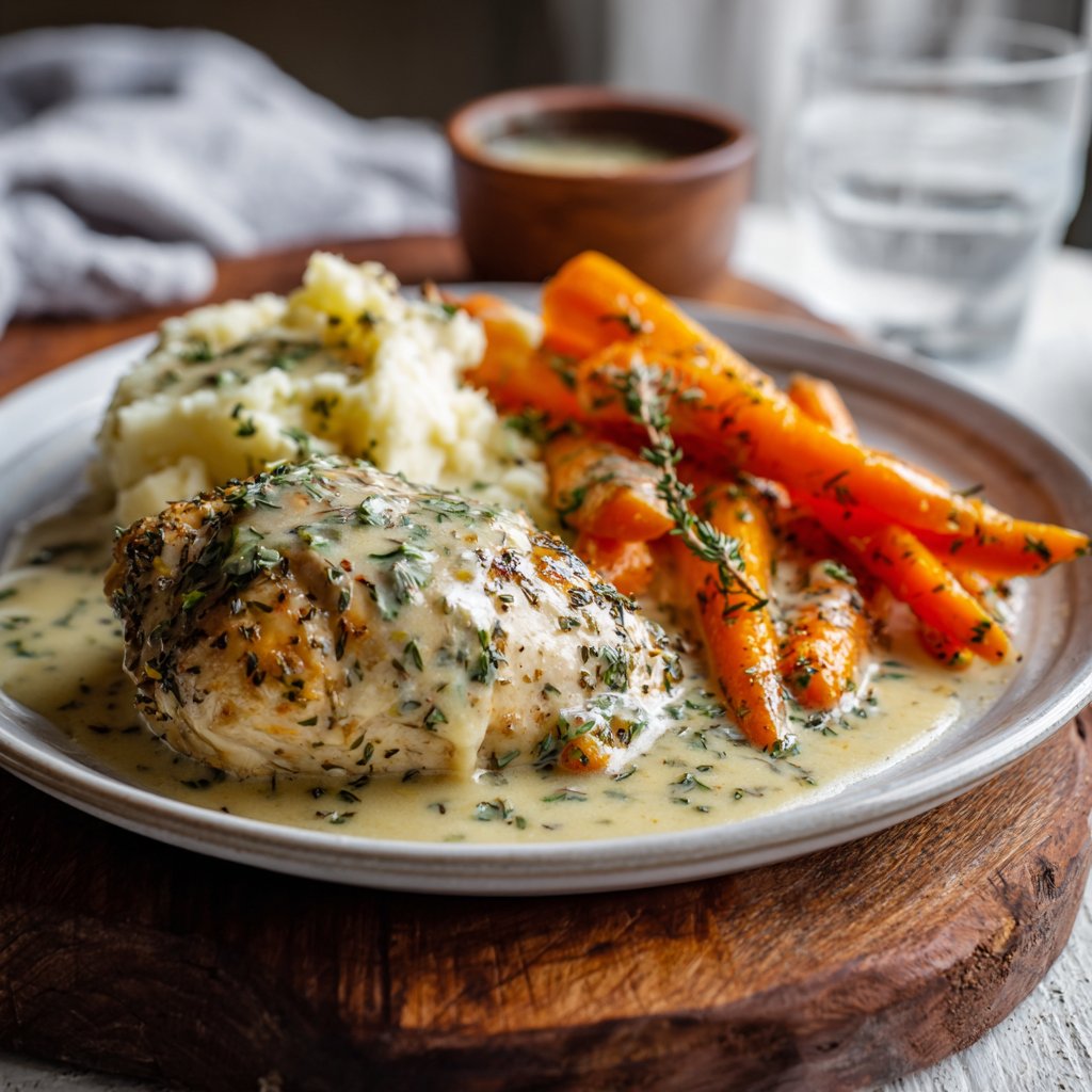 Creamy Herb Chicken with Mashed Potatoes and Glazed Carrots