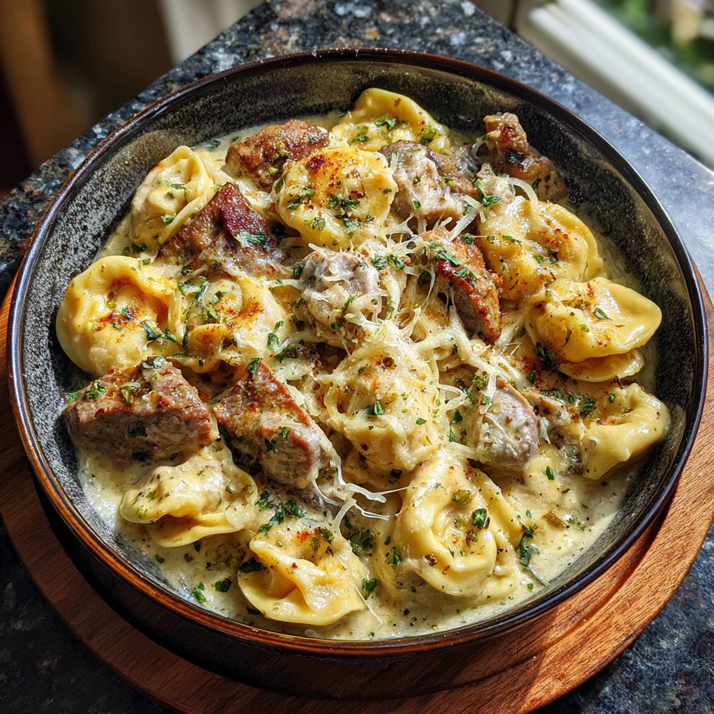 One Pot Garlic Parmesan Steak Tortellini